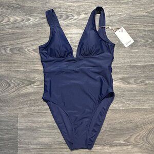 Quince Small Italian Plunge One-Piece Swimsuit Navy Blue Swim Bathing Suit